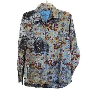 Tommy Bahama Mens M Dragon Floral Silk Cotton Long Sleeve Button Down Shirt Blue